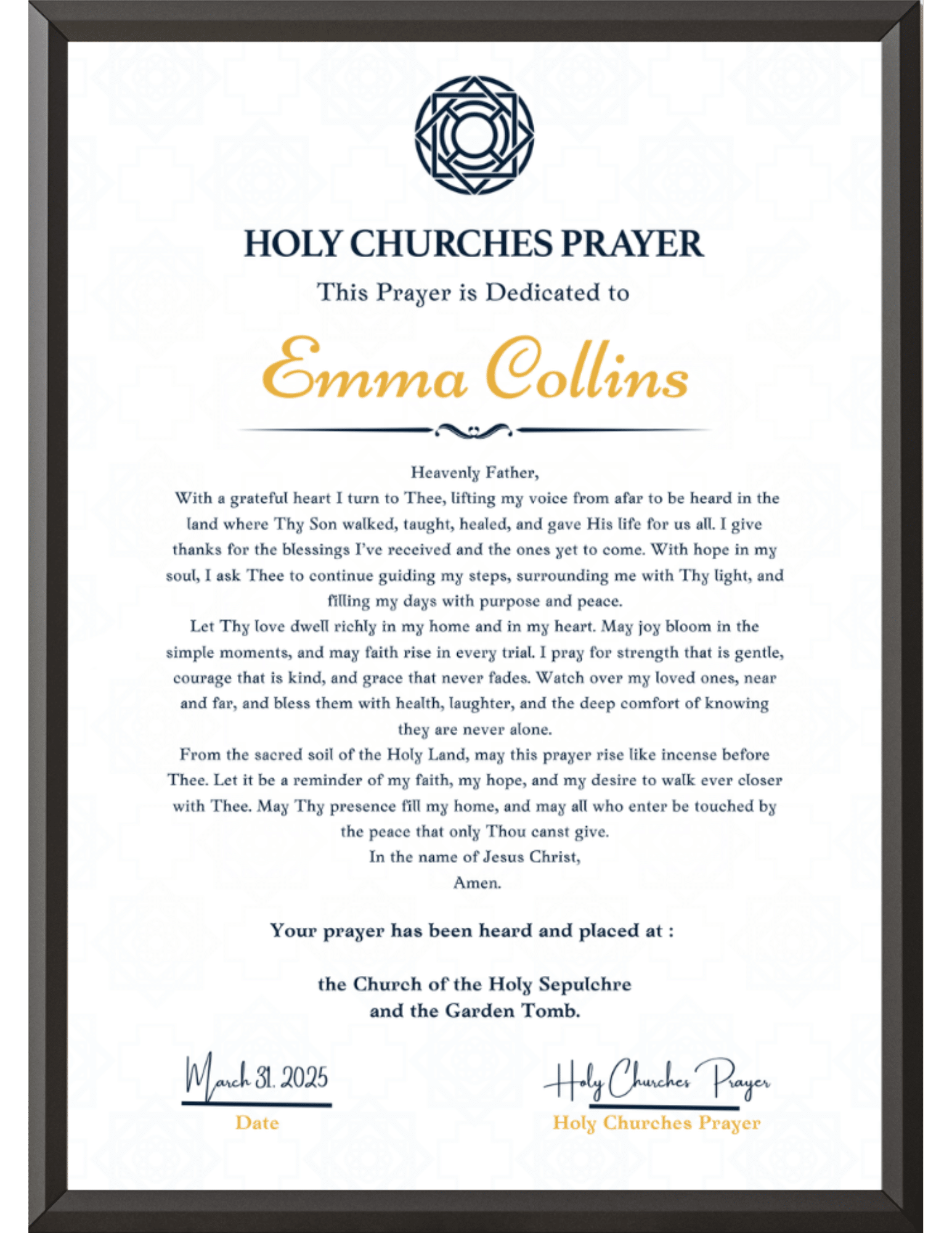 Personalized Online Prayer Request certificate