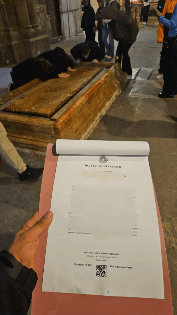 Printed prayer at the Church of the Holy Sepulchre in Jerusalem
