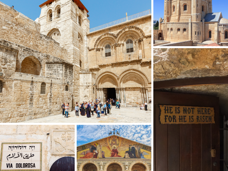 Collage of Holy Land sites in Jerusalem for Online Prayer Requests – Church of the Holy Sepulchre, Abbey of the Dormition, Church of All Nations, Via Dolorosa, and the Garden Tomb