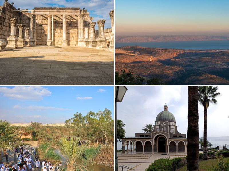 Collage of northern Holy Land sites – Jordan River, Capernaum, Mount of Beatitudes, and the Sea of Galilee – for Online Prayer Requests